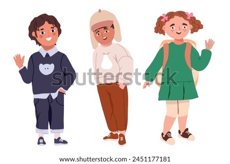 A group of happy children. Cute diverse cheerful children celebrating, waving, greeting. Joyful excited kindergarten friends, little girls and boys. Flat graphic vector illustration isolated on white.
