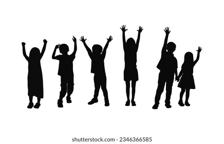 Group of happy children dancing, children raising hand