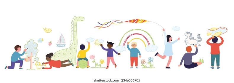Group happy children from different countries draw with pencils and brushes on wall. Preschool and school children are engaged in creativity.