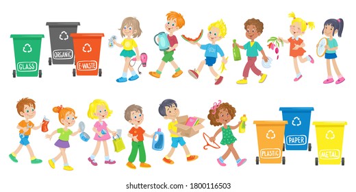 A group of happy children of different nationalities collects all kinds of waste in different colored trash cans. Waste sorting. Vector illustration in cartoon style. Isolated on white.