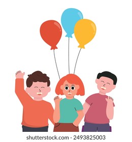 Group of happy children. Diverse and cute cheerful children celebrate by holding balloons.