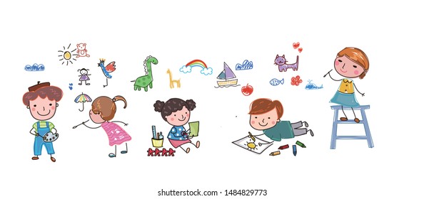 Group of happy children drawing