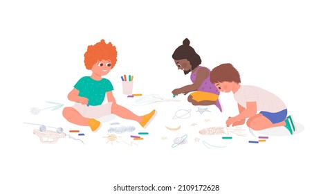 Group of happy children drawing with chalk on walkside. Outdoor awesome creative kids activity