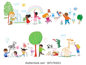 Group of happy children drawing and doing different activities. Set of colorful vector illustrations