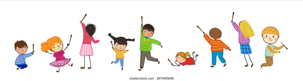 Group of happy children drawing and doing different activities. Set of colorful vector illustrations