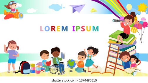Group of happy children drawing and doing different activities. Set of colorful vector illustrations