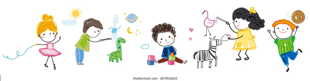 Group of happy children drawing and doing different activities. Set of colorful vector illustrations