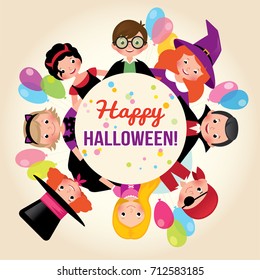 Group of happy children in a festive Halloween party. Invitation to the party Halloween. Stock vector illustration.