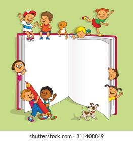 Group of happy children having fun exploring huge book.