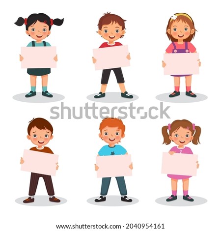 Group of happy children holding blank sheet of papers or posters. Vector of boys and girls showing board signs or placard with empty space templates for text, banners and ads.