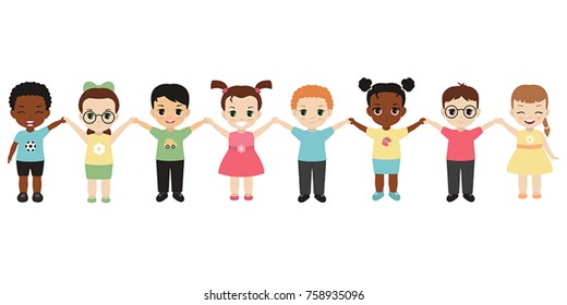 Group of happy children holding hands. Isolated on white background.