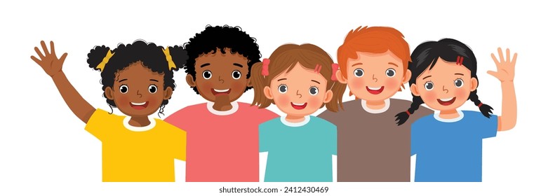 Group of happy children hugging with arm around friends