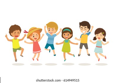 Group Of Happy Children Jump And Raise Their Hands With Delight Isolated In White Background. Cartoon Vector Illustration