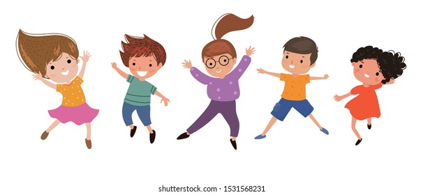 Group of happy children jumping