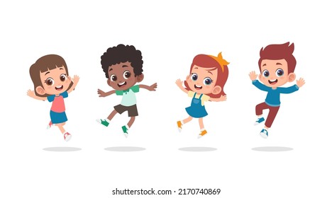 Group of happy children jumping