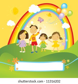 group of happy children in the park with rainbow, clouds and green grass. And a nice label for your text.