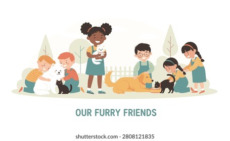 Group of happy children playing with adorable domestic dogs and cats in a park with the text reading our furry friends.