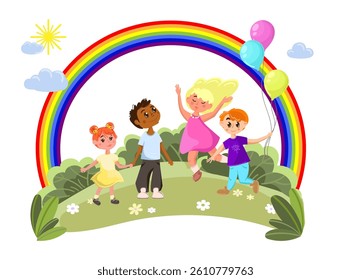 Group of happy children playing outdoors under rainbow . Vector illustration for concepts of childhood, friendship, diversity joy, education,posters, storybooks, school materials,kids related websites