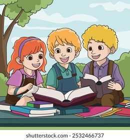 Group of happy children reading books in the park