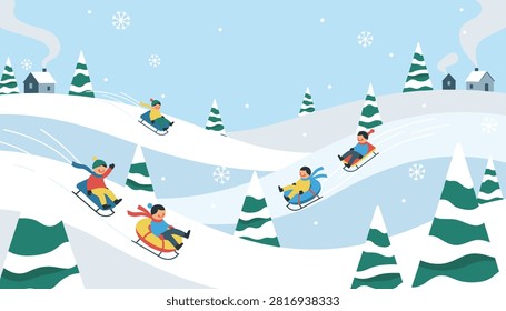 Group of happy children sledding down snowy hills on winter vacation, enjoying winter sports and active games.