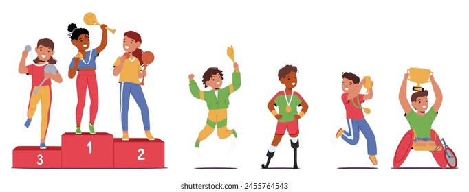 Grupo De Niños Felices Parados En Un Podio, Sosteniendo Trofeos Y Compartiendo Su Alegría. El Equipo de Personajes Infantiles para Deportistas Discapacitados y Saludables Celebra el Evento de la Victoria. Ilustración vectorial de Personas de dibujos animados