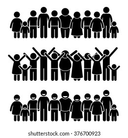 Group of Happy Children Standing Smiling and Raising Hands Stick Figure Pictogram Icons