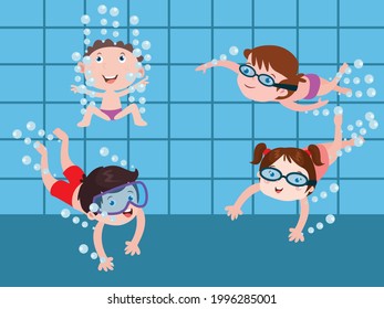 Group Happy Children Swimming Diving Together Stock Vector (Royalty ...