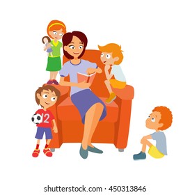 Group of happy children and tutor with a book sitting in a chair. Teacher reading to kids. Daycare lesson, vector illustration.  Flat style.