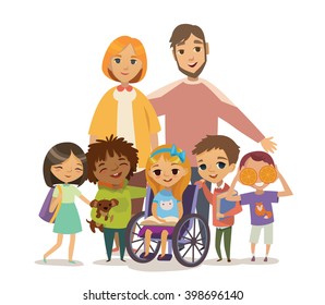 A Group Of Happy Children And Tutors With Books. Caring For The Disabled Child Concept. Learning And Playing Together. Handicapped Kid. Vector. Isolated. 