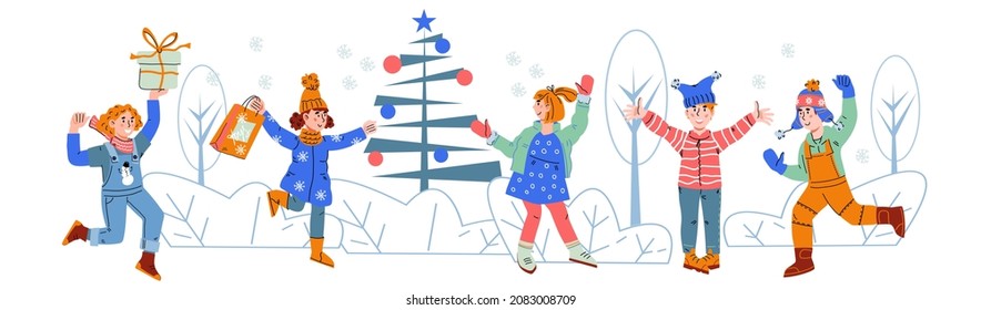 Group of happy children in winter clothes celebrating Christmas. Children on winter vacation, cartoon flat vector illustration isolated on white background.