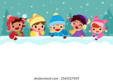 Group of happy children in winter clothes play with snow above blank space.