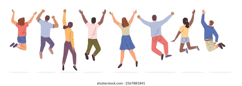 Group of happy community jumping expressing success, back view. Vector isolated young cartoon characters joyful hopping, dancing multiracial people with raised hands. Happiness and freedom