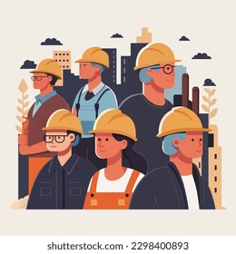 Un grupo de felices obreros de la construcción frente a una obra.