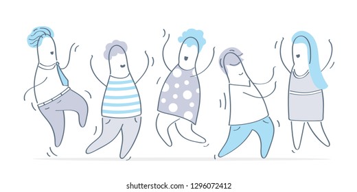 Group of happy cute dancing celebrating people, outline male and female dancers on white background. Men and women having fun and enjoying dance party. Isolated cartoon vector illustration.