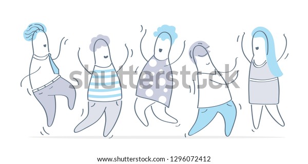 白い背景に男女のダンサーの輪郭を描き 人々を祝う幸せなかわいい踊りのグループ 楽しく踊りを楽しむ男女 カートーンのベクターイラスト のベクター画像素材 ロイヤリティフリー