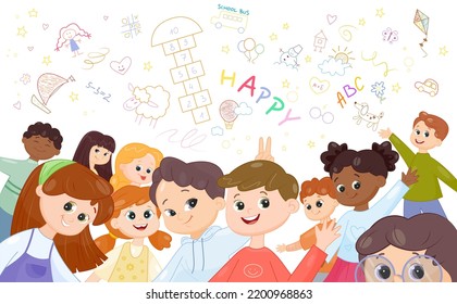 Group of happy cute kids. Funny little boys and girls preschoolers look at camera, show gestures and make phono on background of drawings. Children friends. Cartoon modern flat vector illustration