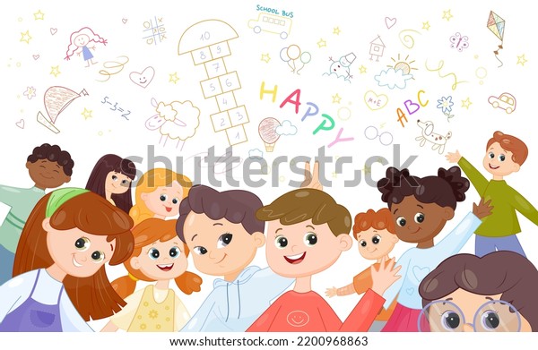 Group of happy cute kids. Funny little boys\
and girls preschoolers look at camera, show gestures and make phono\
on background of drawings. Children friends. Cartoon modern flat\
vector illustration