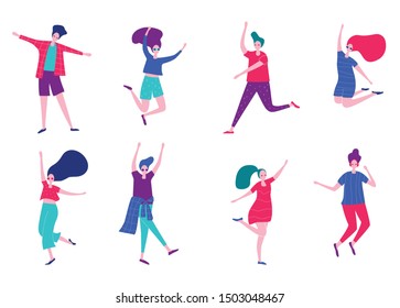Group of happy dancing people. Male and female having fun, dance, jump. Joyful disco party. Flat vector illustration.