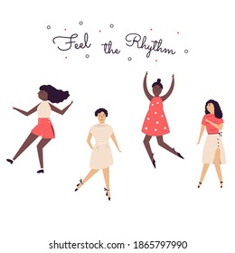 Group of happy dancing women. Vector illustration with cheerful characters in a flat cartoon style.