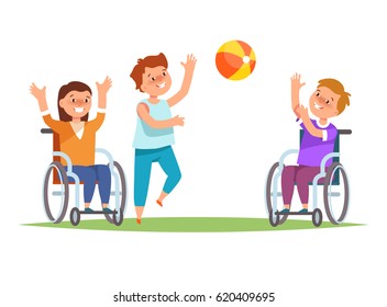 Group happy disabled kids in child wheelchair play together friends with ball . Vector illustration of concept active leisure in cartoon style isolated