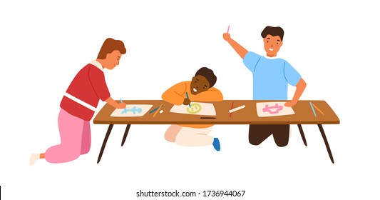 Group of happy diverse boys drawing pictures on paper vector flat illustration. Smiling kids painting use colorful pencil sitting at table isolated on white. Joyful children enjoy leisure together