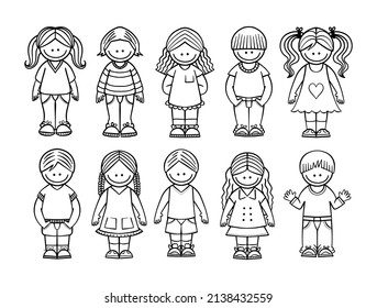 A group of happy and diverse boys and girls in standing poses, isolated on a white background.
