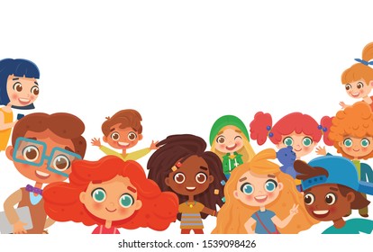 Group of happy diverse children waving at the camera. Children's panorama, concept, brochure. Funny cartoon character. Isolated on white background