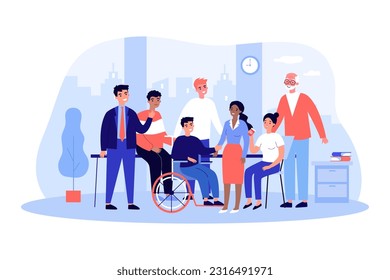 Group of happy diverse coworkers vector illustration. Inclusive team of people with disability and people of different age and race working together. Diversity, teamwork, inclusion, business concept svg