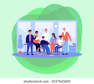 Group of happy diverse coworkers vector illustration. Inclusive team of people with disability and people of different age and race working together. Diversity, teamwork, inclusion, business concept