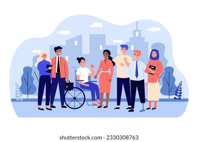 Grupo de feliz y diverso amigos ilustraciones vectoriales. Equipo inclusivo de personas con discapacidad y personas de diferentes religiones y razas trabajando juntos. Diversidad, trabajo en equipo, concepto de inclusión