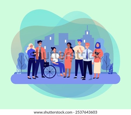 Group of happy diverse friends vector illustration. Inclusive team of people with disability and people of different religion and race working together. Diversity, teamwork, inclusion concept
