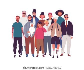 Group of happy diverse man, teenager and boy standing together vector flat illustration. Crowd of multinational male smiling isolated on white. Joyful people of different nations. Social diversity