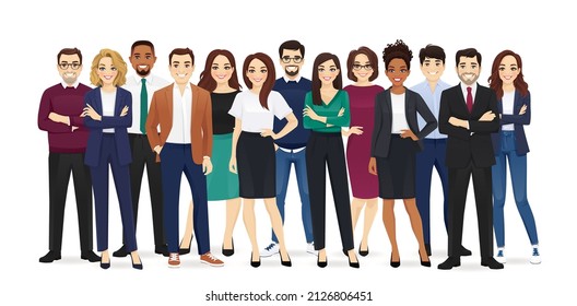 Group of happy diverse multiethnic business people standing together. Team of colleagues in different ages. Isolated vector illustration.
