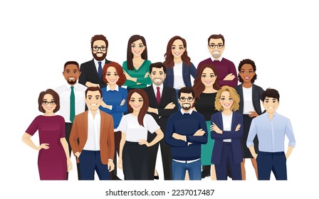 Grupo de feliz y diversa gente de negocios multiétnicos parándose juntos. Equipo de colegas de diferentes edades. Ilustración vectorial aislada.